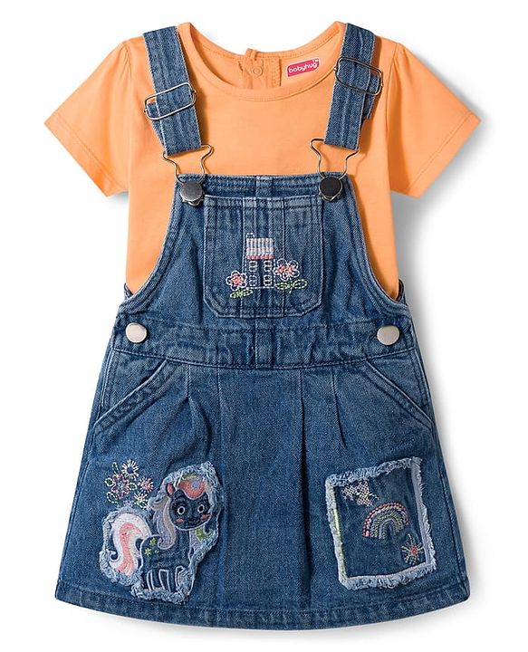 Babyhug Denim Woven Half Sleeves Tee With Frock & Animal Embriodery - Blue