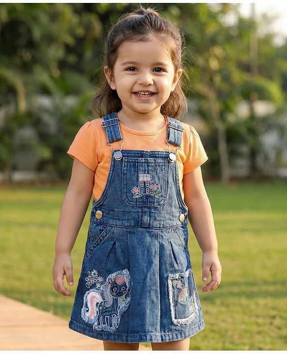 Babyhug Denim Woven Half Sleeves Tee With Frock & Animal Embriodery - Blue