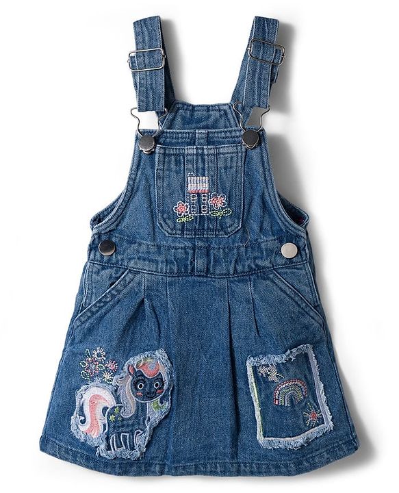 Babyhug Denim Woven Half Sleeves Tee With Frock & Animal Embriodery - Blue
