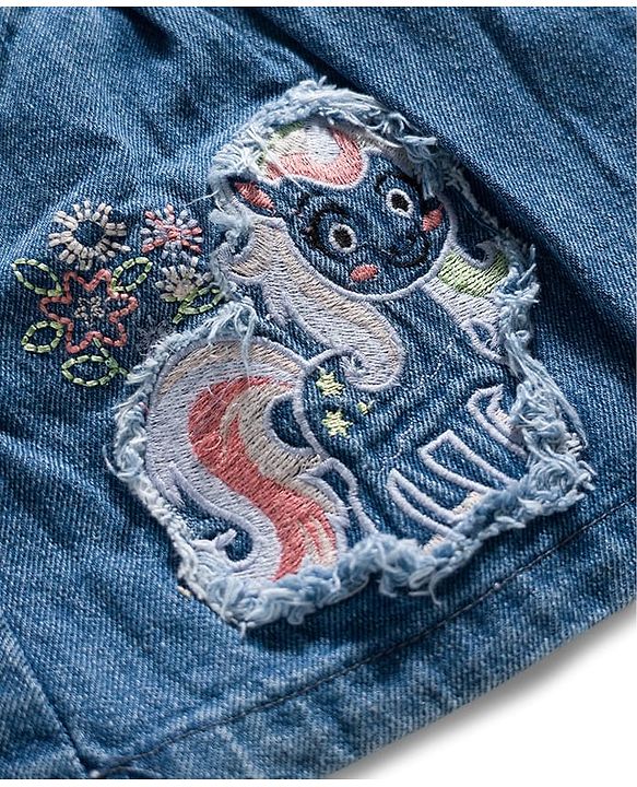 Babyhug Denim Woven Half Sleeves Tee With Frock & Animal Embriodery - Blue