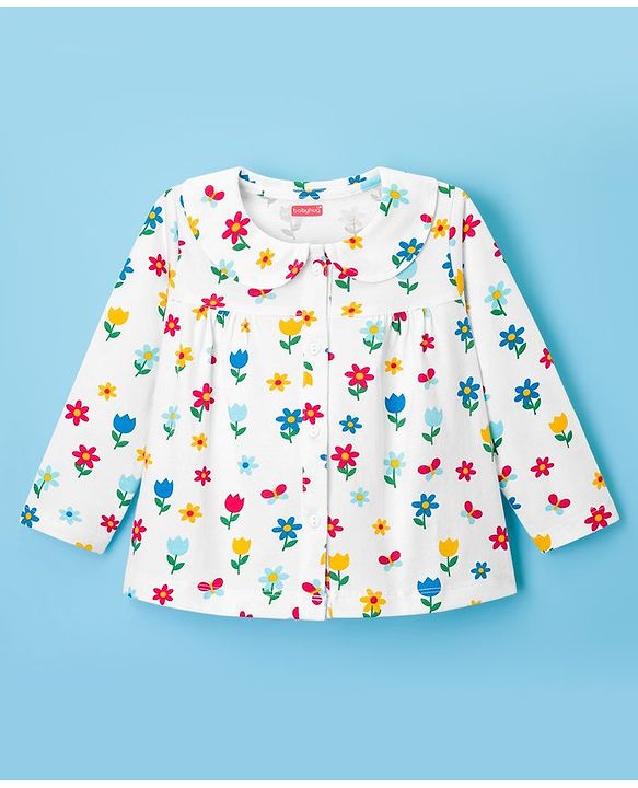 Babyhug Knit Full Sleeves Front Open Co-ords Night Suit with Floral Print - White