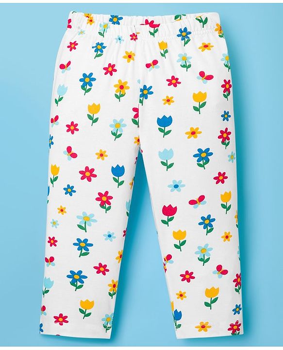 Babyhug Knit Full Sleeves Front Open Co-ords Night Suit with Floral Print - White