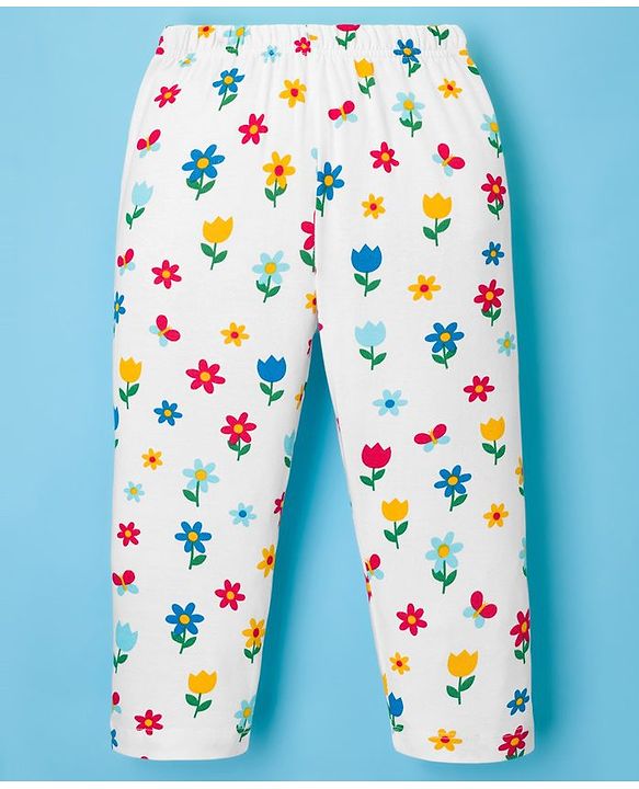 Babyhug Knit Full Sleeves Front Open Co-ords Night Suit with Floral Print - White