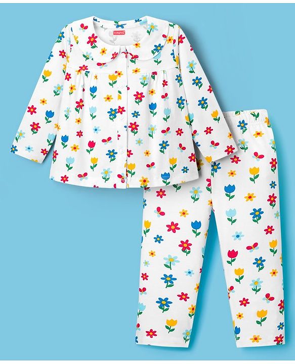 Babyhug Knit Full Sleeves Front Open Co-ords Night Suit with Floral Print - White