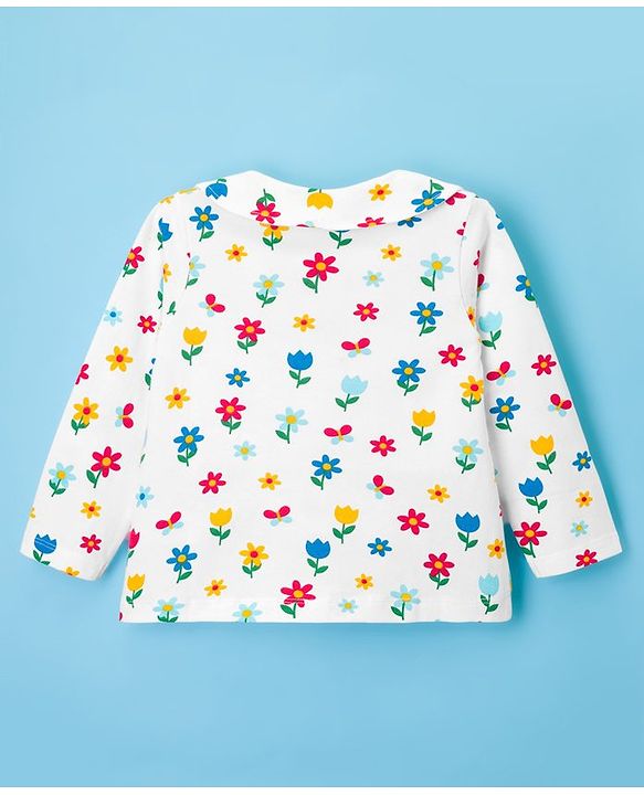 Babyhug Knit Full Sleeves Front Open Co-ords Night Suit with Floral Print - White