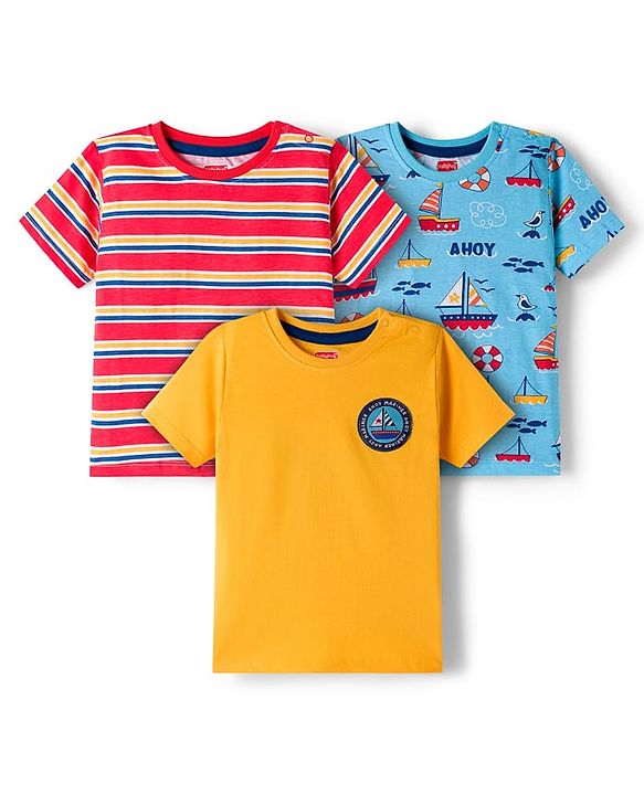 Babyhug 100% Cotton Knit Half Sleeves T-Shirts With Nautical Theme Print Pack of 3 - Yellow Red & Blue