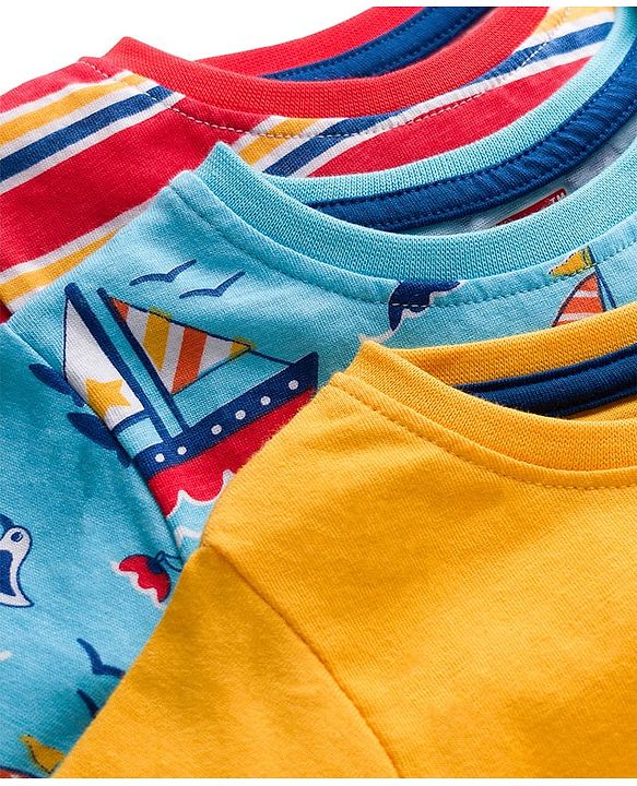 Babyhug 100% Cotton Knit Half Sleeves T-Shirts With Nautical Theme Print Pack of 3 - Yellow Red & Blue