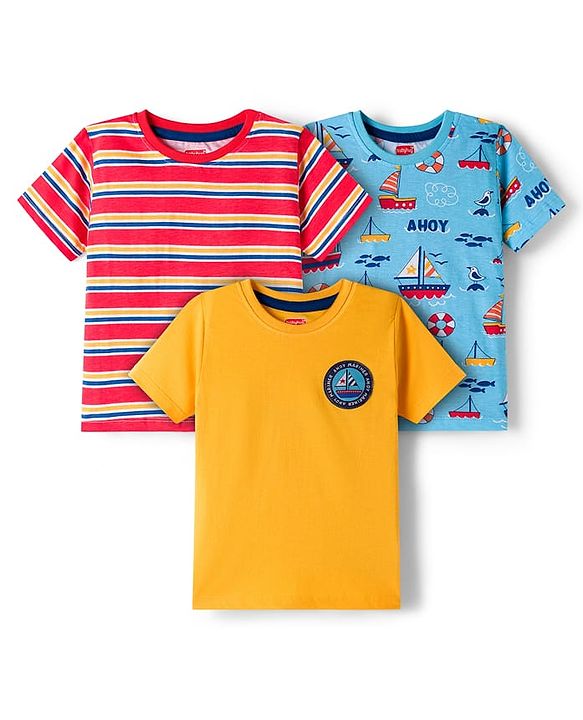 Babyhug 100% Cotton Knit Half Sleeves T-Shirts With Nautical Theme Print Pack of 3 - Yellow Red & Blue