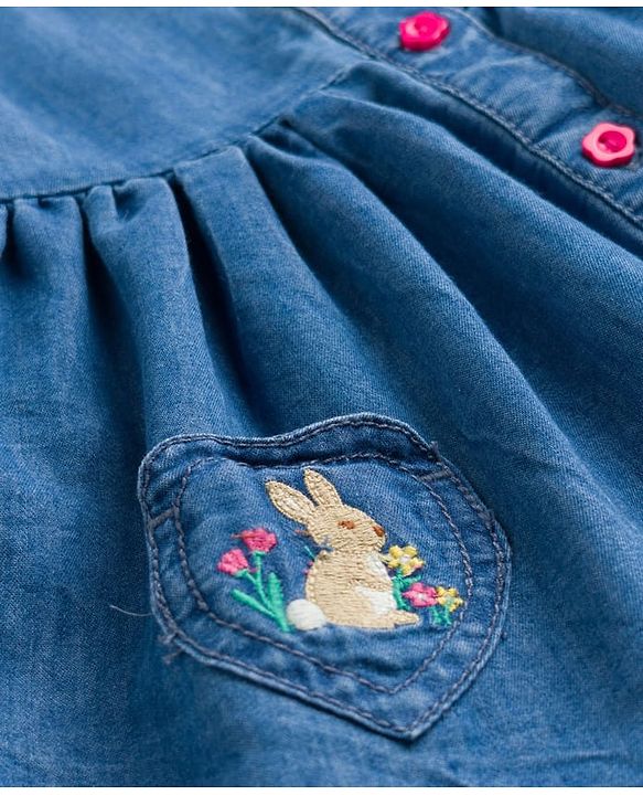 Babyhug Denim Woven Sleveless Frock with Floral & Bunny Embroidery - Blue