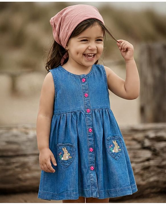 Babyhug Denim Woven Sleveless Frock with Floral & Bunny Embroidery - Blue