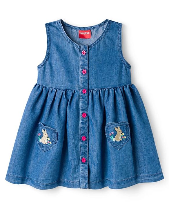 Babyhug Denim Woven Sleveless Frock with Floral & Bunny Embroidery - Blue