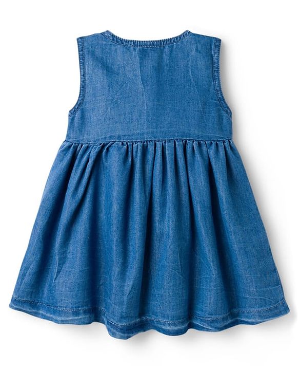 Babyhug Denim Woven Sleveless Frock with Floral & Bunny Embroidery - Blue