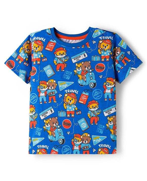 Babyhug 100% Cotton Knit Half Sleeves T-Shirts With Animal Print Pack of 3 - Blue Orange & Yellow