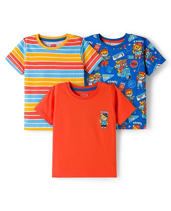 Babyhug 100% Cotton Knit Half Sleeves T-Shirts With Animal Print Pack of 3 - Blue Orange & Yellow