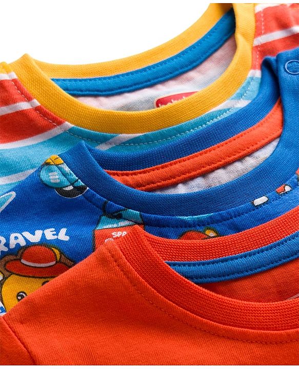Babyhug 100% Cotton Knit Half Sleeves T-Shirts With Animal Print Pack of 3 - Blue Orange & Yellow