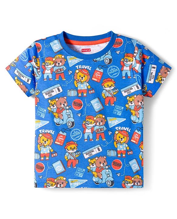 Babyhug 100% Cotton Knit Half Sleeves T-Shirts With Animal Print Pack of 3 - Blue Orange & Yellow