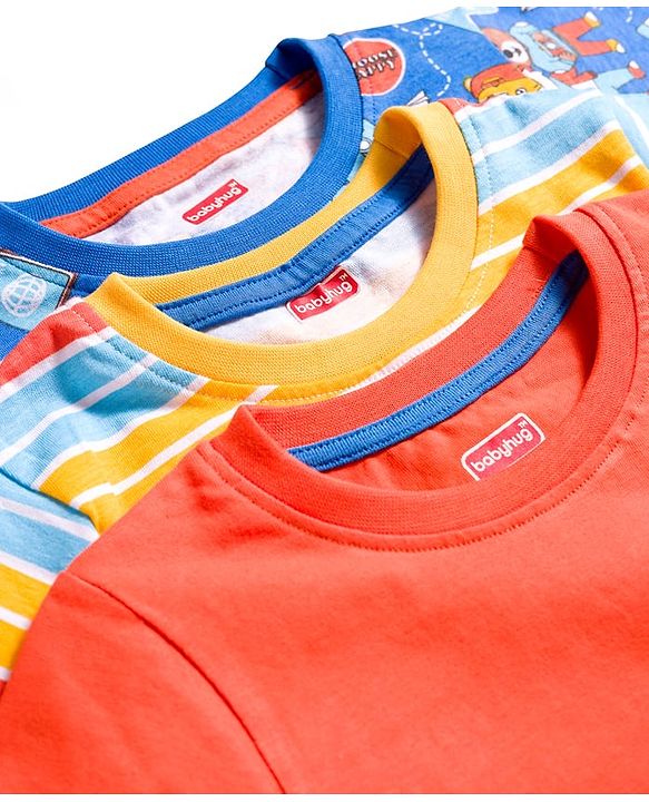 Babyhug 100% Cotton Knit Half Sleeves T-Shirts With Animal Print Pack of 3 - Blue Orange & Yellow