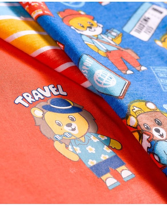 Babyhug 100% Cotton Knit Half Sleeves T-Shirts With Animal Print Pack of 3 - Blue Orange & Yellow