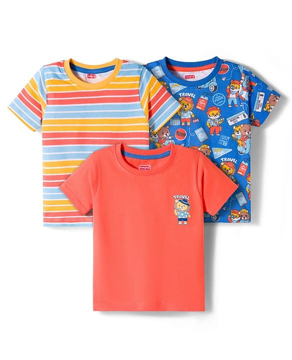 Babyhug 100% Cotton Knit Half Sleeves T-Shirts With Animal Print Pack of 3 - Blue Orange & Yellow