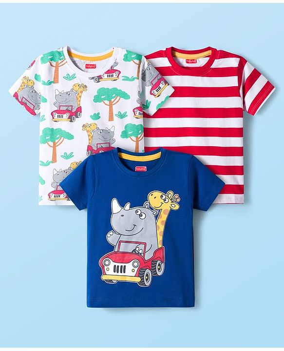 Babyhug 100% Cotton Knit Half Sleeves T-Shirts with Safari Theme Print Pack of 3 - Multicolor