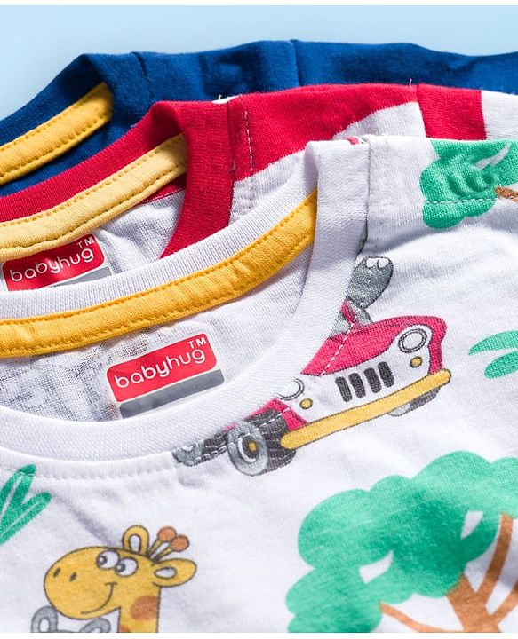 Babyhug 100% Cotton Knit Half Sleeves T-Shirts with Safari Theme Print Pack of 3 - Multicolor