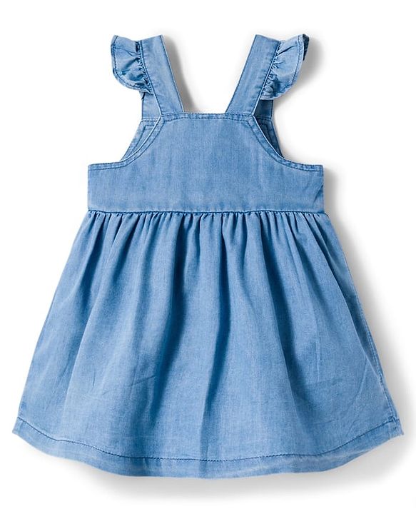 Babyhug Denim Woven Half Sleeves Frill Detailed Frock with Inner T-Shirt & Floral Embroidery - Blue