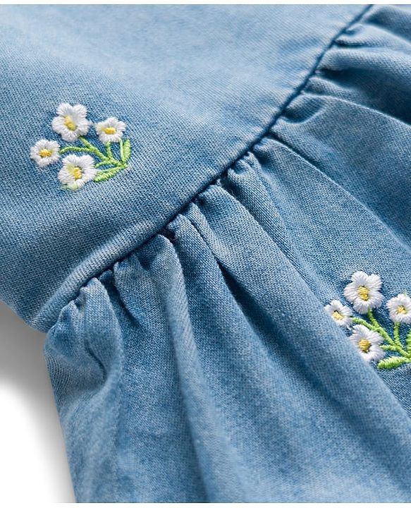 Babyhug Denim Woven Half Sleeves Frill Detailed Frock with Inner T-Shirt & Floral Embroidery - Blue