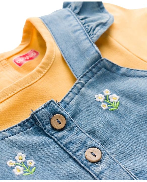 Babyhug Denim Woven Half Sleeves Frill Detailed Frock with Inner T-Shirt & Floral Embroidery - Blue