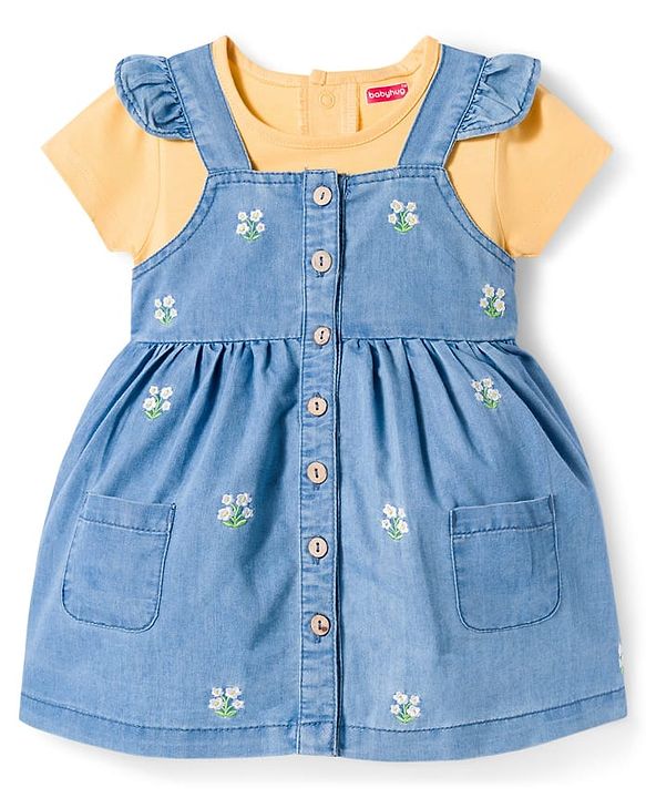 Babyhug Denim Woven Half Sleeves Frill Detailed Frock with Inner T-Shirt & Floral Embroidery - Blue