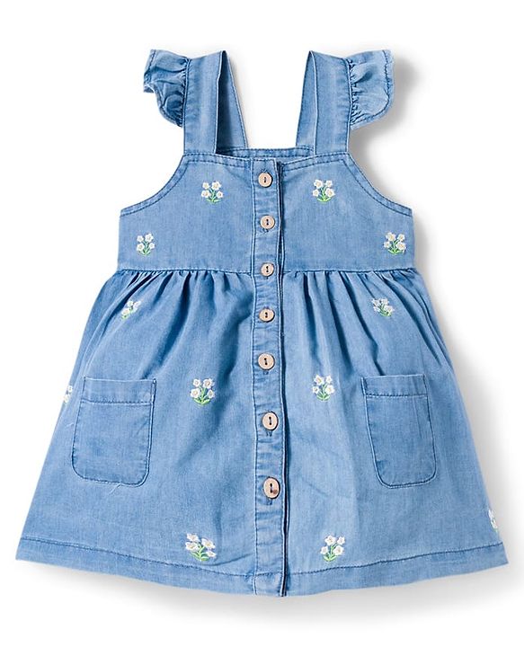 Babyhug Denim Woven Half Sleeves Frill Detailed Frock with Inner T-Shirt & Floral Embroidery - Blue