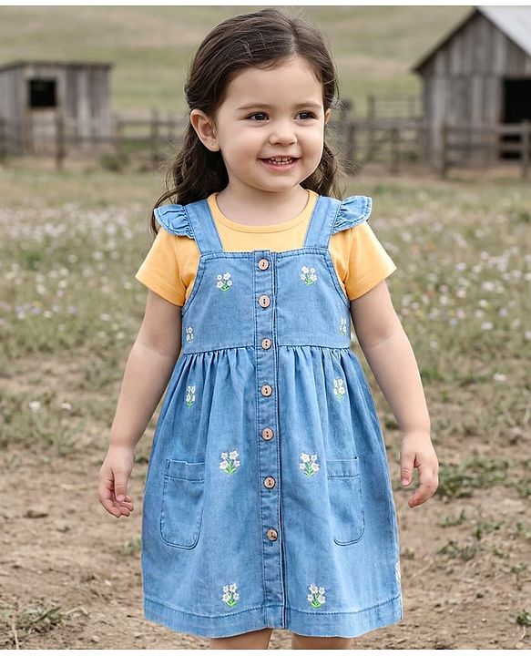 Babyhug Denim Woven Half Sleeves Frill Detailed Frock with Inner T-Shirt & Floral Embroidery - Blue