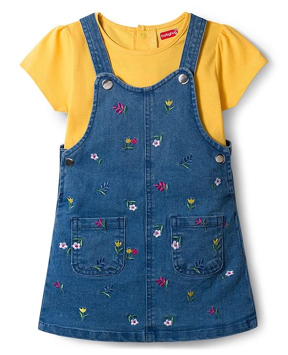 Babyhug Denim Woven Half Sleeves T-Shirt With Frock & Floral Embriodery - Blue