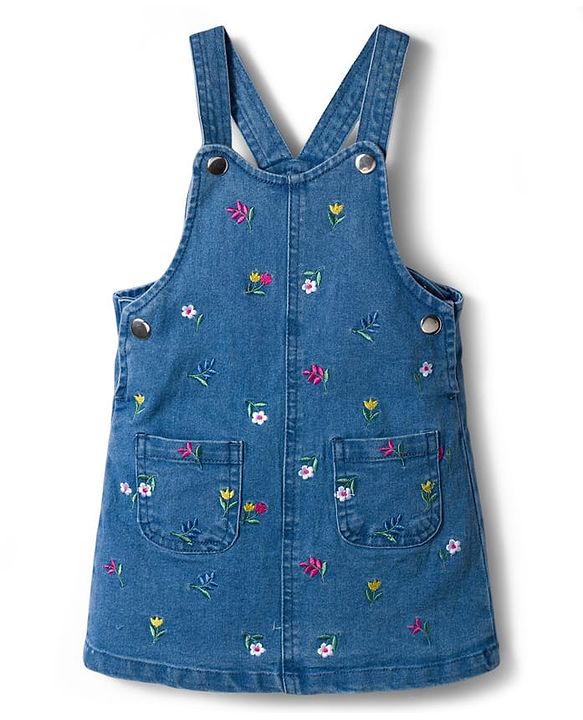 Babyhug Denim Woven Half Sleeves T-Shirt With Frock & Floral Embriodery - Blue