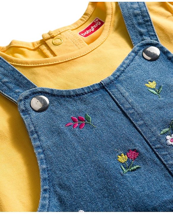Babyhug Denim Woven Half Sleeves T-Shirt With Frock & Floral Embriodery - Blue