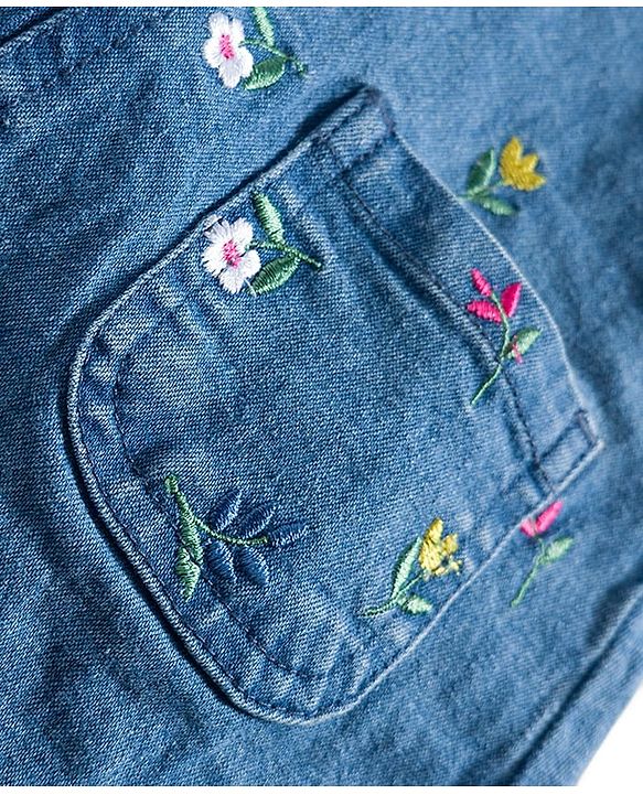 Babyhug Denim Woven Half Sleeves T-Shirt With Frock & Floral Embriodery - Blue