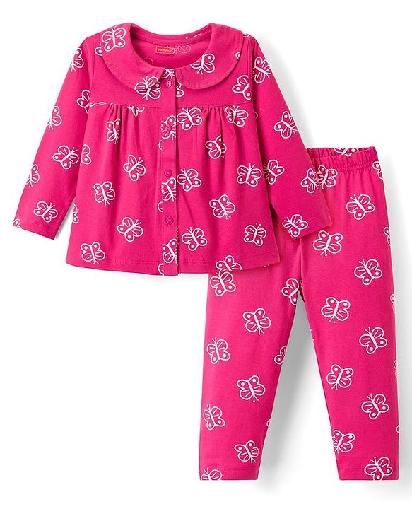 Babyhug Cotton Knit Full Sleeves Co-ord Night Suit With Butterfly Print - Dark Pink