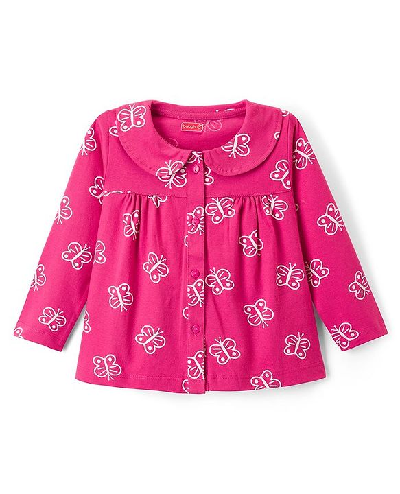 Babyhug Cotton Knit Full Sleeves Co-ord Night Suit With Butterfly Print - Dark Pink