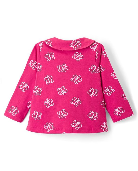 Babyhug Cotton Knit Full Sleeves Co-ord Night Suit With Butterfly Print - Dark Pink