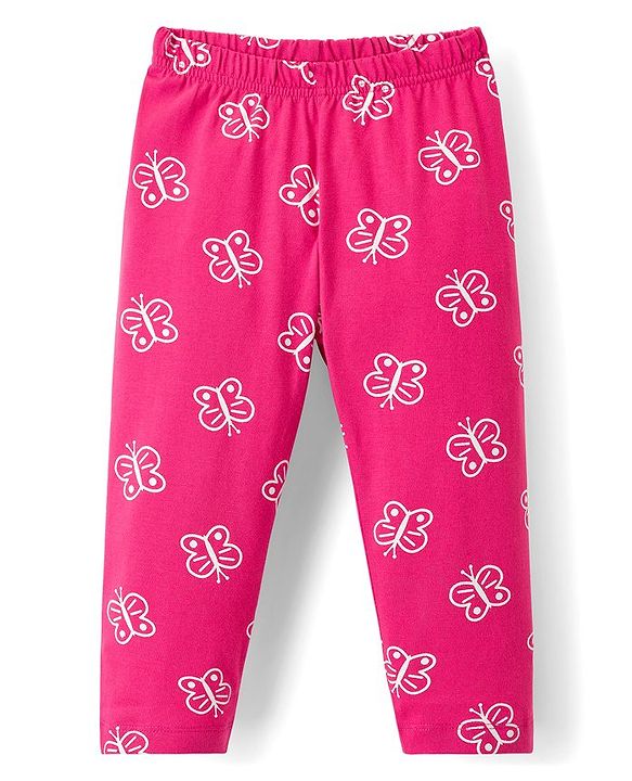 Babyhug Cotton Knit Full Sleeves Co-ord Night Suit With Butterfly Print - Dark Pink