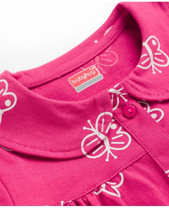 Babyhug Cotton Knit Full Sleeves Co-ord Night Suit With Butterfly Print - Dark Pink