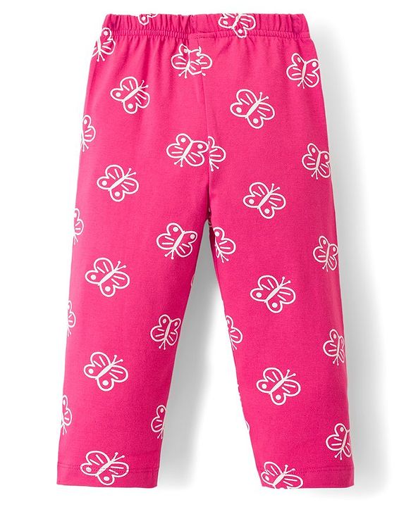 Babyhug Cotton Knit Full Sleeves Co-ord Night Suit With Butterfly Print - Dark Pink