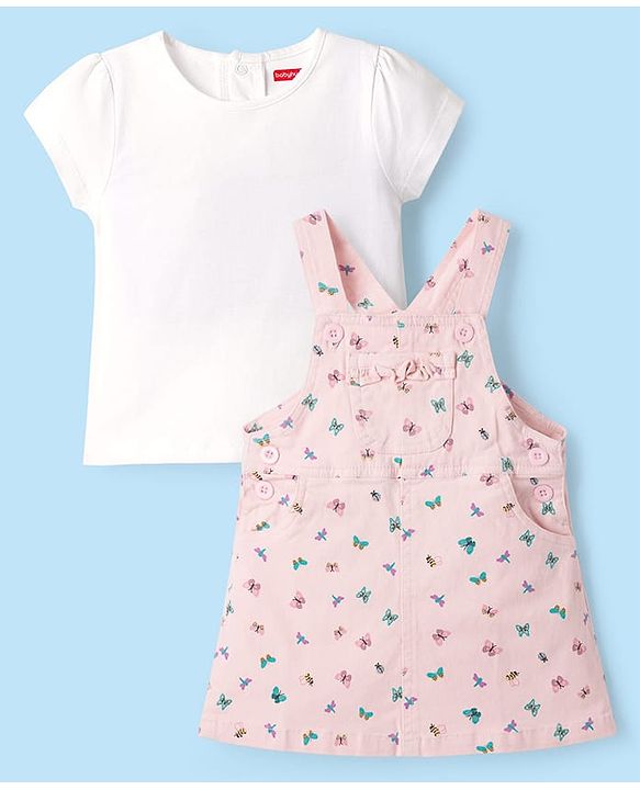 Babyhug Denim Woven Half Sleeves Butterfly Printed Frock With Inner Tee - White & Pink