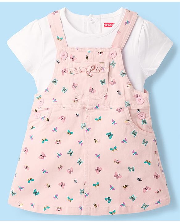 Babyhug Denim Woven Half Sleeves Butterfly Printed Frock With Inner Tee - White & Pink