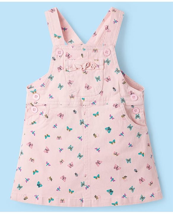 Babyhug Denim Woven Half Sleeves Butterfly Printed Frock With Inner Tee - White & Pink
