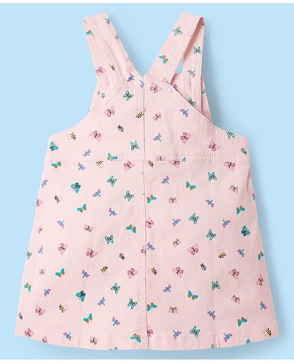 Babyhug Denim Woven Half Sleeves Butterfly Printed Frock With Inner Tee - White & Pink