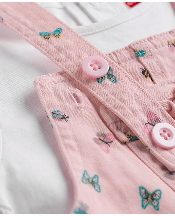 Babyhug Denim Woven Half Sleeves Butterfly Printed Frock With Inner Tee - White & Pink