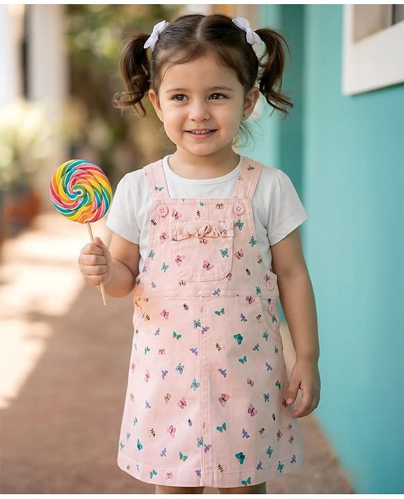 Babyhug Denim Woven Half Sleeves Butterfly Printed Frock With Inner Tee - White & Pink