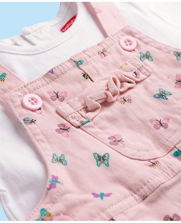 Babyhug Denim Woven Half Sleeves Butterfly Printed Frock With Inner Tee - White & Pink