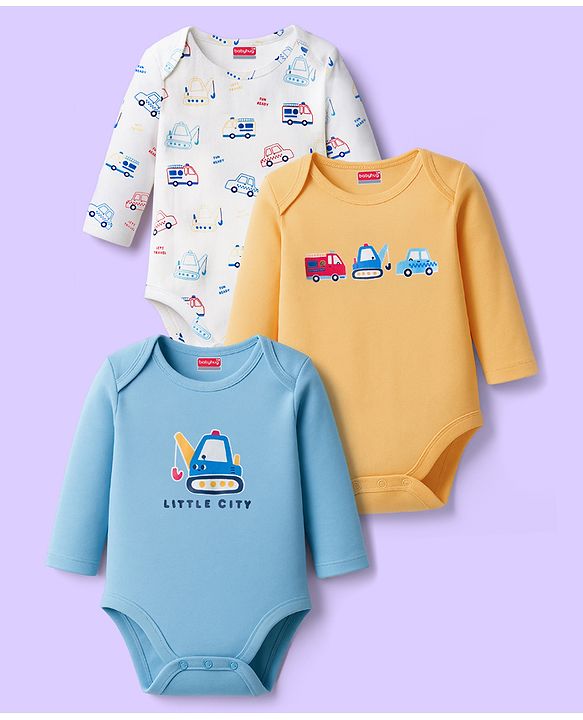 Babyhug 100% Cotton Interlock Knit Onesies With Vehicle Print Pack Of 3 - Yellow White & Blue