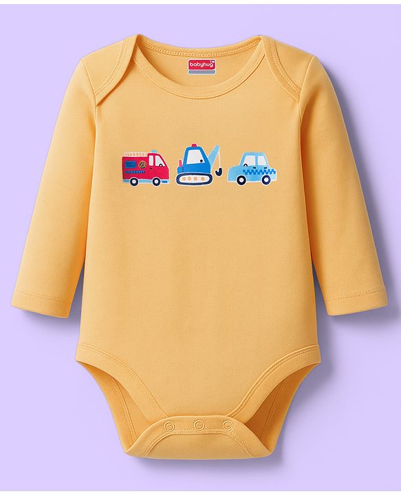 Babyhug 100% Cotton Interlock Knit Onesies With Vehicle Print Pack Of 3 - Yellow White & Blue